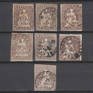 Zwitserland 1857 13 II B ym Strubel (groene draad) gestempeld