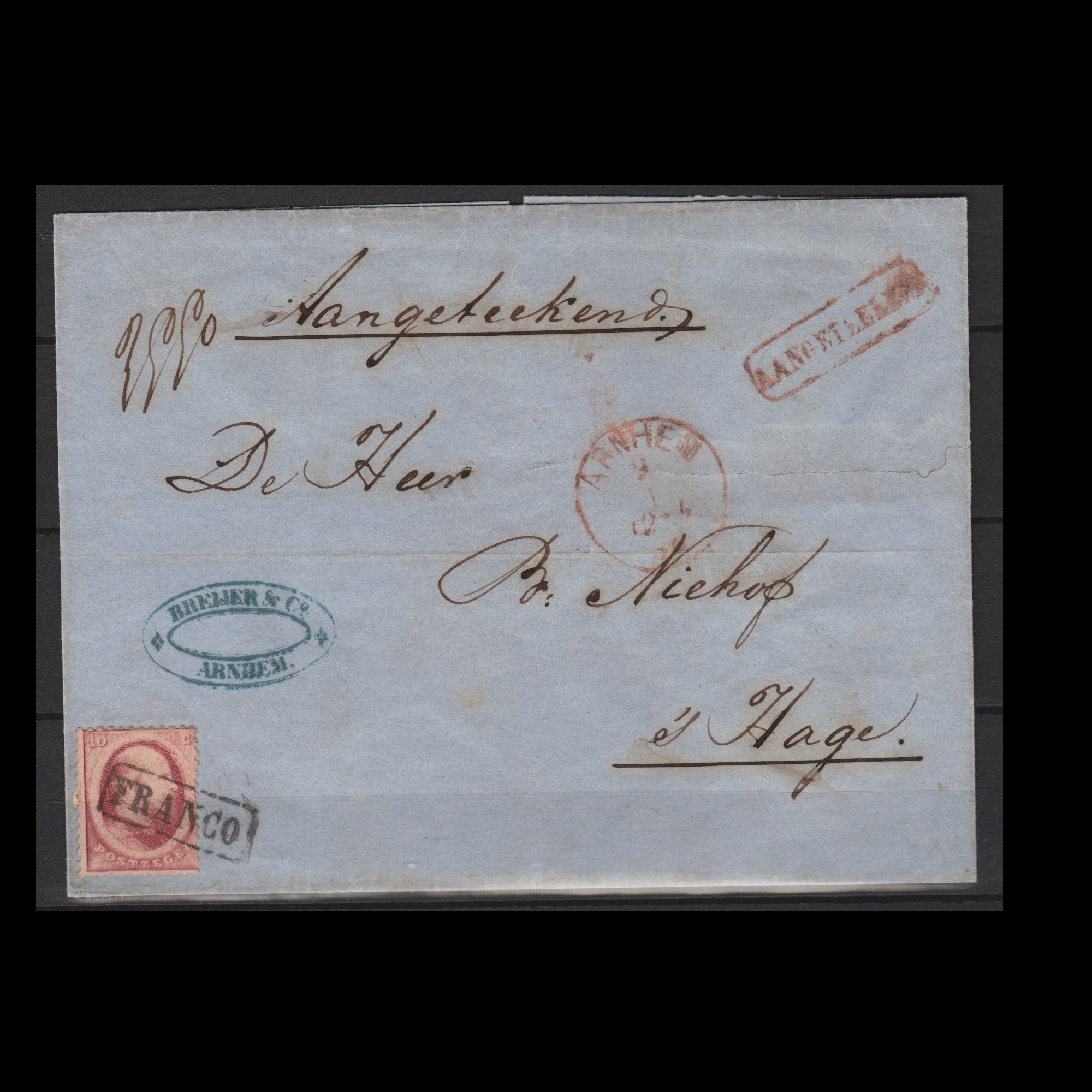 Nederland 1866 Aangetekende vouwbrief van Arnhem naar Den Haag
