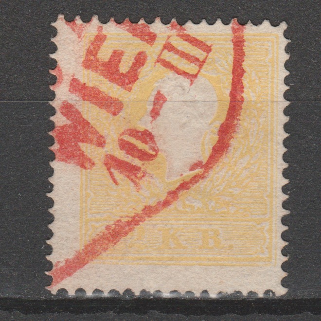Oostenrijk 1858 10 II a gestempeld met rood stempel en Befund