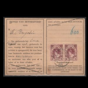 Nederland 1921 Busrechtkaart 'Bewijs van Bevoegdheid' met 2x NVPH 79