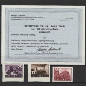 Oostenrijk 1937 646 U-648 U 100 Jaar Spoorwegen ongetand met certificaat.jpeg