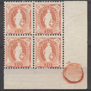 Zwitserland 1907 90 D Staande Helvetia in 4 hoekblok met Schraubenabdruck.