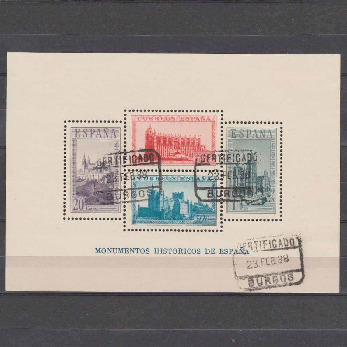 Spanje 1938 Blok 9 A Historische Monumenten gestempeld