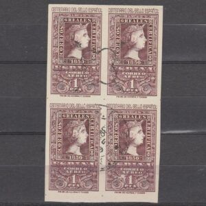 Spanje 1950 979 Luchtpost 100 jaar postzegels in blok van 4 gestempeld