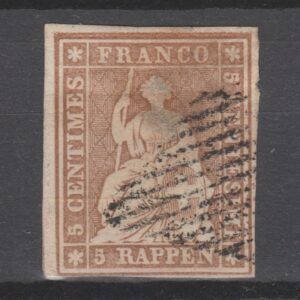 Zwitserland 1856 13 II A yn Strubel (gele draad) gestempeld met bemerkingen