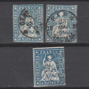 Zwitserland 1857 14 II B ym Strubel (groene draad) gestempeld