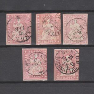 Zwitserland 1857 15 II B ym Strubel (groene draad) gestempeld