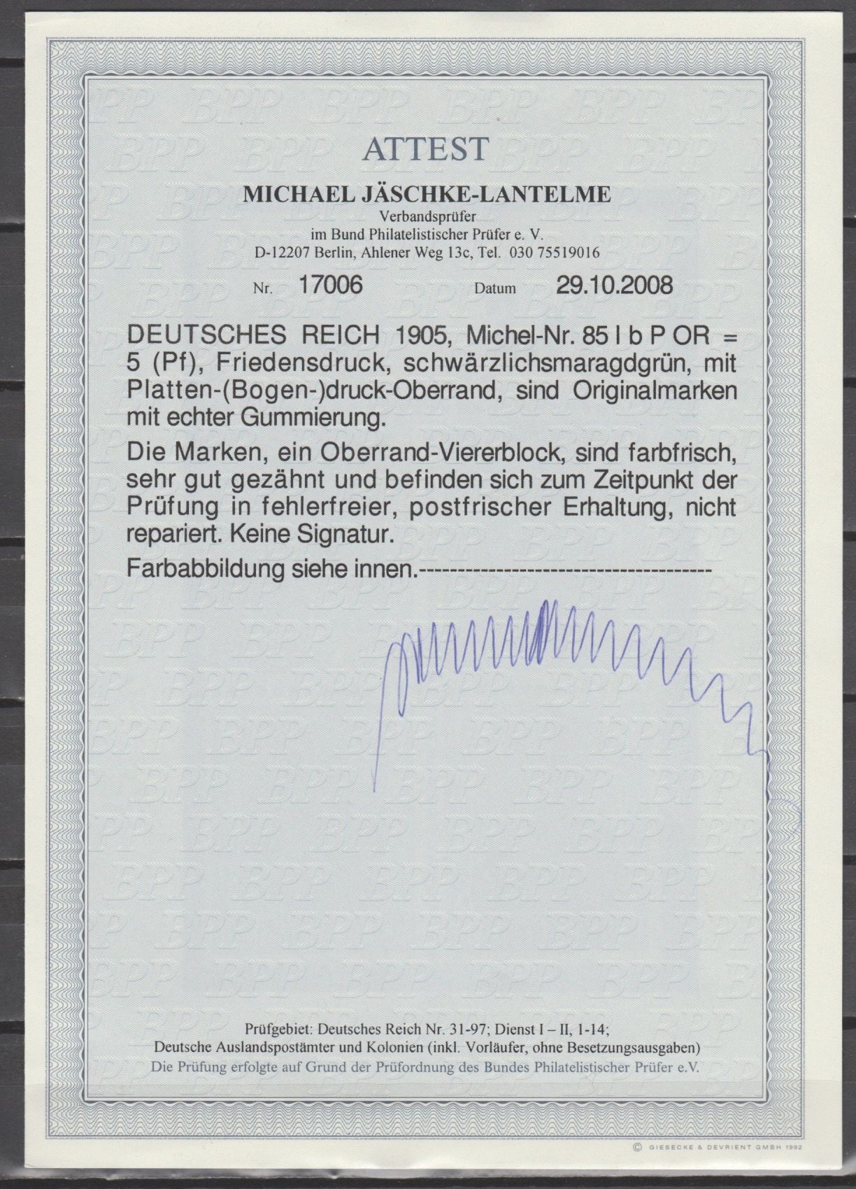 Duitsland 1905 85 I B P OR Germania in blok van 4 met Attest - Afbeelding 2