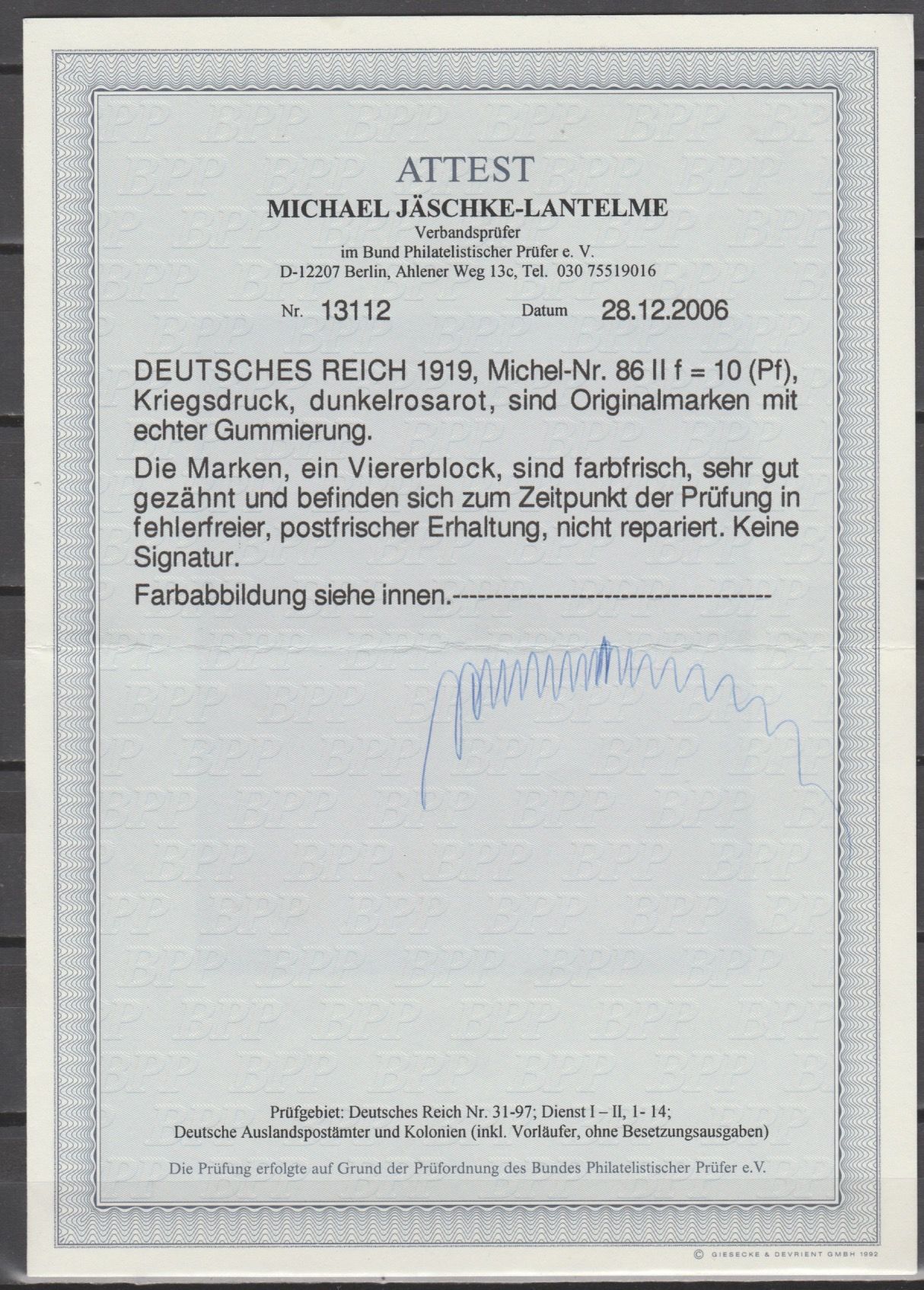Duitsland 1915 86 II f Germania in blok van 4 met Attest - Afbeelding 2